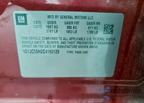 2012 Chevrolet Sonic Lt z USA, uszkodzony, nr VIN 1G1JC5SH2C4180129